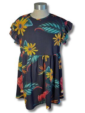 NWT Women's Large Plus/1X Summer Beach Mini Dress Dark Navy and Tropical Print
